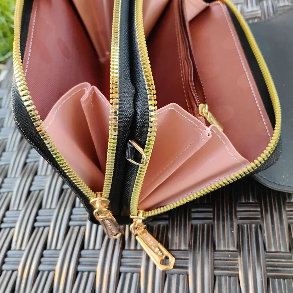 Forever Lovely Large Black Vegan Leather Wallet Clutch Gold Accents By Madley